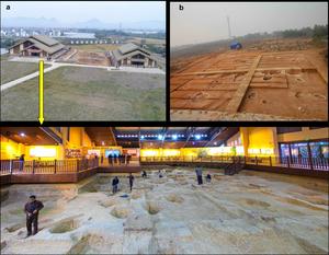 Topographic map showing the locations of the archaeological sites of (a and c) Shangshan and (b) Hehuashan