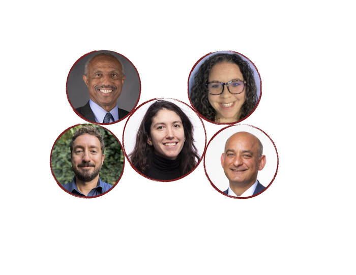 The Enhancing Underrepresented Participation in Mathematics & Statistics team, clockwise from left: Nathaniel Whitaker, Adena Calden, Farshid Hajir, Inanc Baykur and Maryclare Griffin, center.