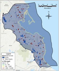 Concentration of total dissolved solids increase from 2020 – 2100 showing the landward migration of the salt/freshwater mixing zone.