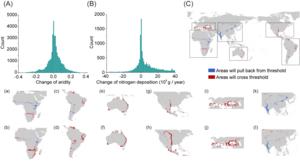 Predicted future changes in land area crossing the aridity threshold for plant aboveground biomass under the RCP 8.5 scenario by 2100.