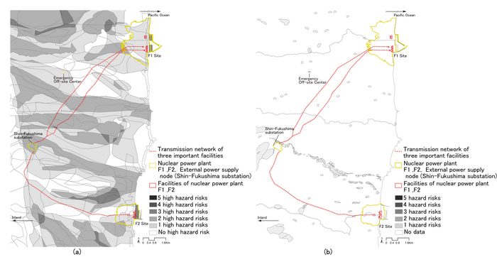 Map overlay of the damaged Fukushima nuclear facilities in 2011 with (a) the 1980 JNLA risk map and (b) the 2019 MLIT risk map