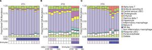 Composition of immune infiltrates in selected regions of tissue biopsies.