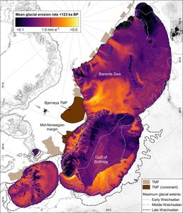 Mean glacial erosion rates modelled beneath the last Eurasian Ice Sheet during the last ice age, with the Trough Mouth Fan (TMF) sediment deposits that were used to constrain these results highlighted.