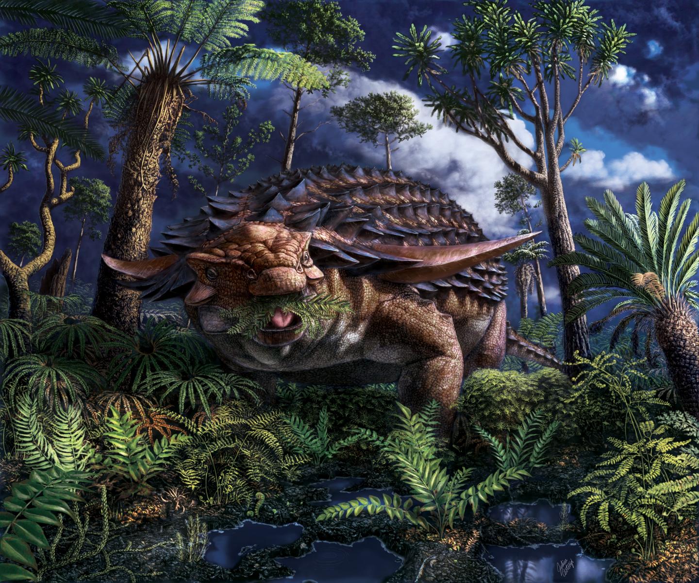 Illustration of Borealopelta markmitchelli dinosaur by Julius Csotonyi