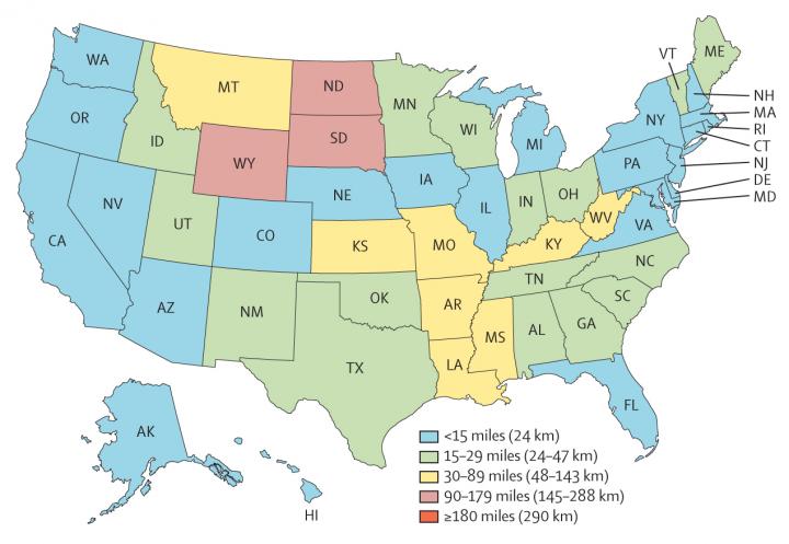 Figure 1 Median Distance to the Nearest Abortion Provider by State
