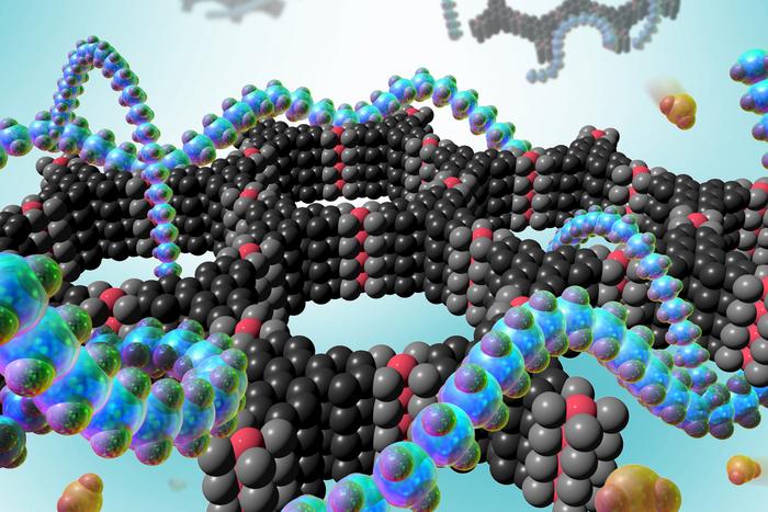 Colorful rendering shows a lattice of black and grey balls making a honeycomb - shaped molecule, the MOF. Snaking around it is the polymer, represented as a translucent string of teal balls. Brown molecules, representing toxic gas, also float around