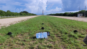 Array of four microphones ready for noise measurements