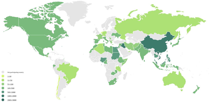 Fig 1. World map showing the distribution of study countries and study participants.