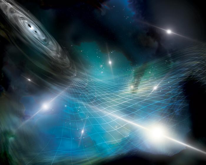 Artist’s interpretation of an array of pulsars  being affected by gravitational ripples produced by a supermassive black hole binary in a distant galaxy.