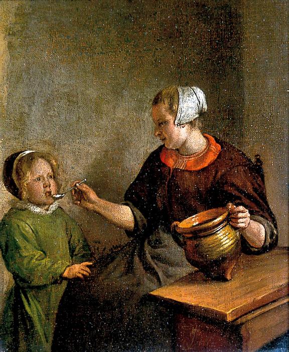 17th-century woman feeding a child