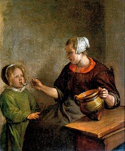 17th-century woman feeding a child