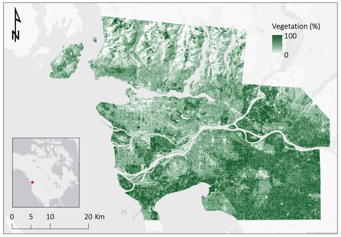Map depicting the annual percentage of greenspace in Metro Vancouver for 2011.