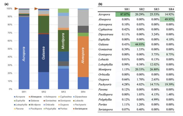 Distribution and approximate proportions of Scleractinian corals at four monitoring sites