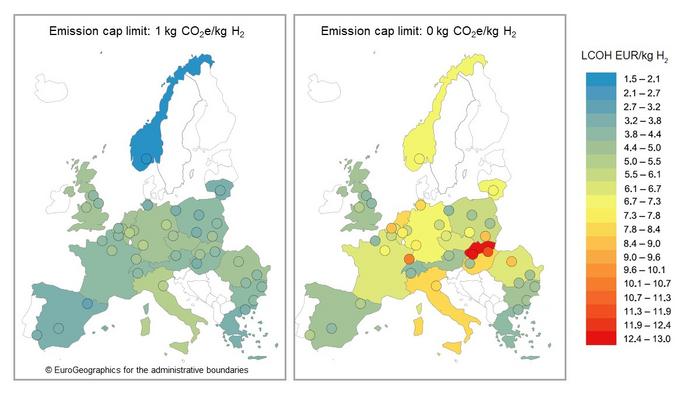 Minimum levelized cost of hydrogen (LCOH) across Europe