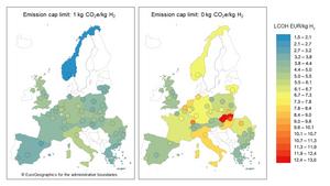 Minimum levelized cost of hydrogen (LCOH) across Europe