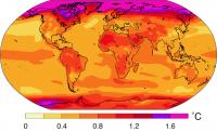 The change in annual surface air temperature resulting from historical anthropogenic climate forcing.