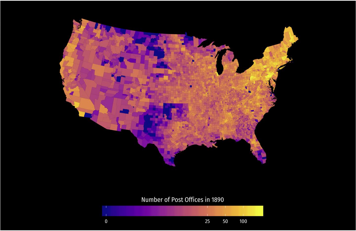 The growth of the US Postal Service by 1890.
