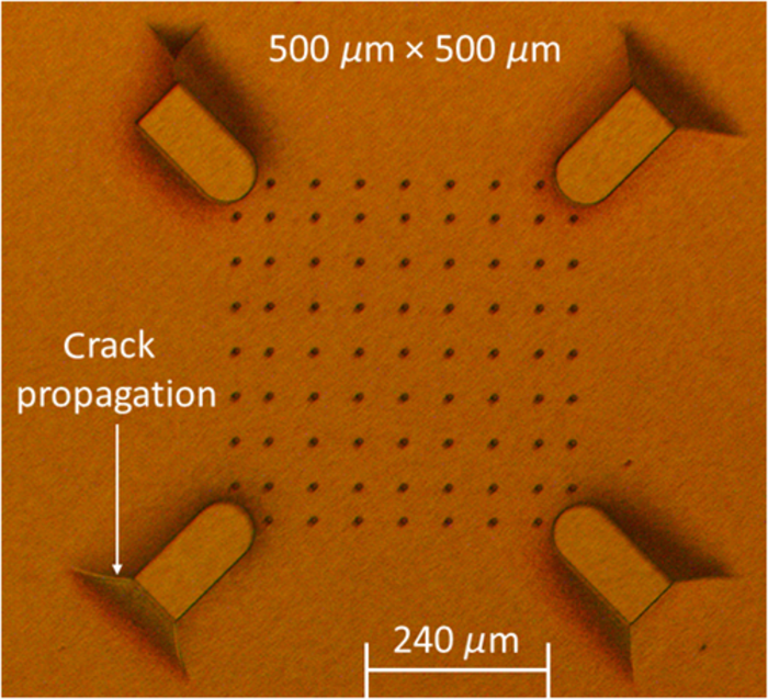 An optical microscopic image of a released α-series FPI. The crack propagation from the sharp corners of notches is due to long-time exposure to the oxygen plasma.