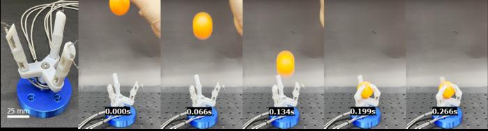 Figure 3. Fingers made of soft, rubber-like materials can instantly catch a falling ping-pong ball.