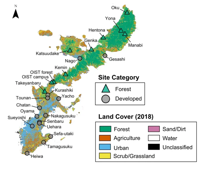 Landsat 8 image of Okinawa Island, Japan, with land cover and field sites