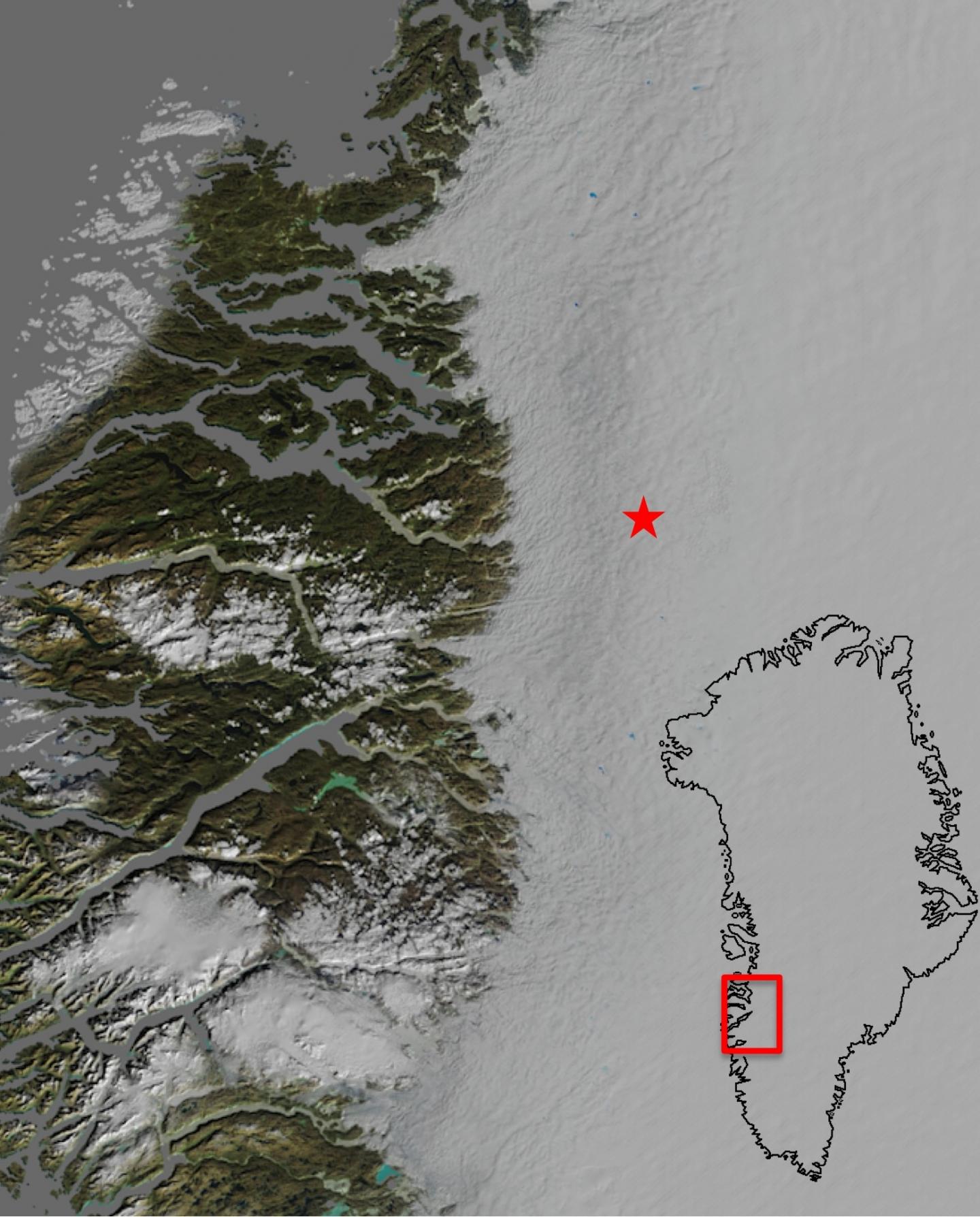 Map Showing Location of a Drained Sub-Glacial Lake in Greenland