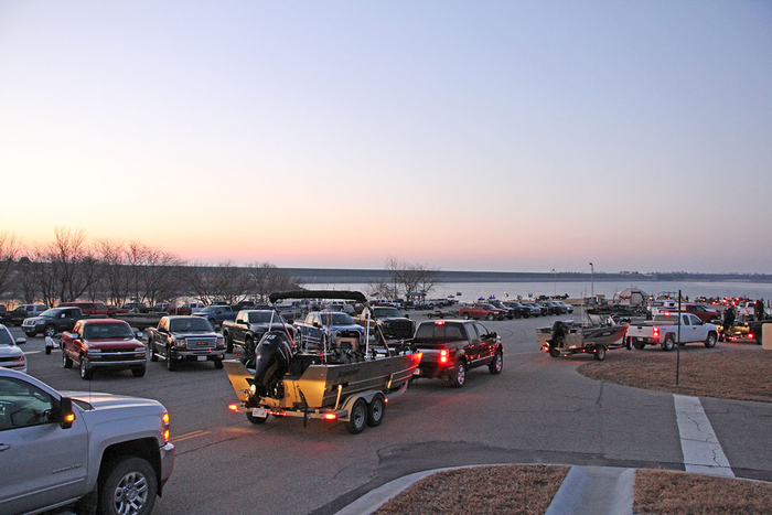A busy lake parking lot