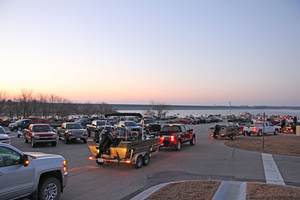 A busy lake parking lot