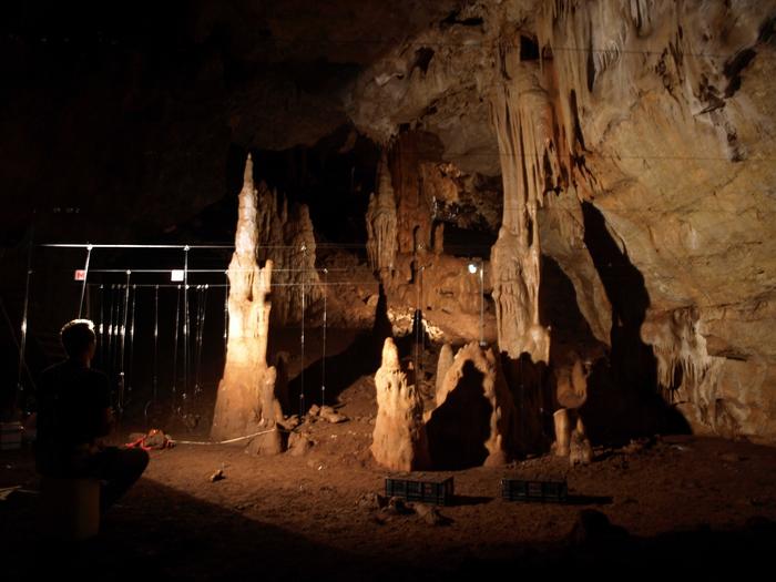 Sentinels at the front of the cultic area in Manot Cave – view towards the cave entrance.