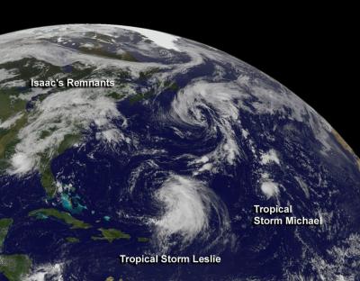 NOAA's GOES-13 Satellite Captures Isaac, Leslie, Michael