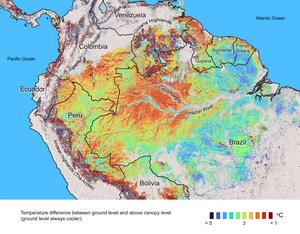 The map shows the variation in temperature differences on the South American continent.