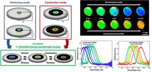 Schematic representation of a flexible, stretchable photonic device capable of structural color tuning in both long and short wavelength directions