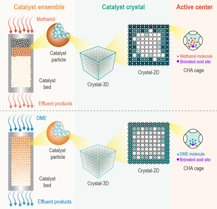 Multiscale reaction and deactivation model of MTO and DTO reactions over SAPO-34, from the catalyst-bed scale to the catalyst-crystal and CHA-cavity scale.