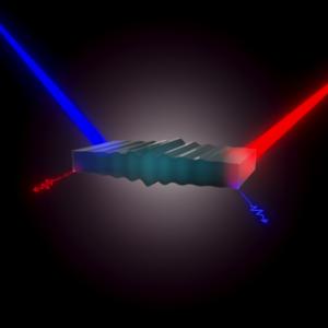 Artist’s view of entangled laser light with a traveling sound wave in an integrated photonic waveguide.