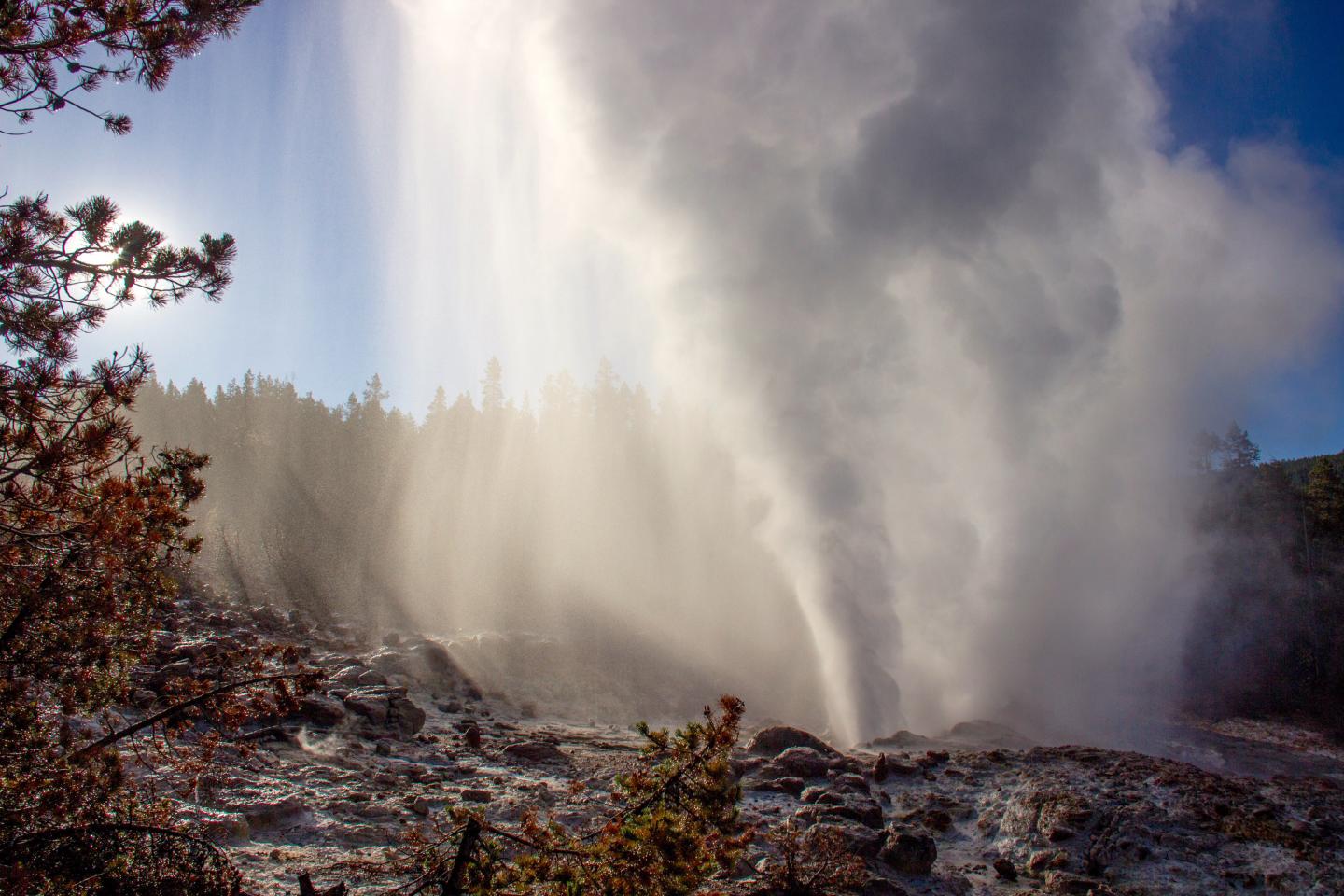 Steam dominates the end of a Steamboat Geyser eruption on the morning of July 18, 2019.