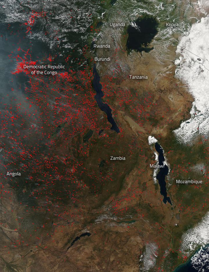 Southeastern Africa Lights Up from Agricultural Fires