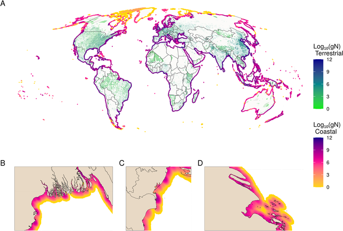 Fig 1. Global distribution of total wastewater N.