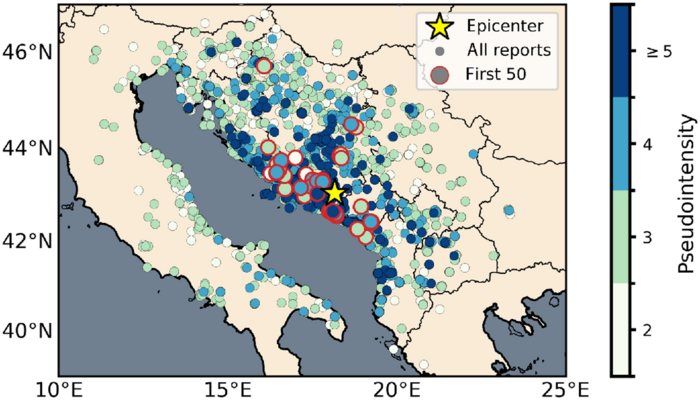 Distribution of felt reports after an earthquake in Bosnia 2022