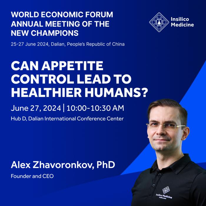 Alex Zhavoronkov, PhD, founder and CEO of Insilico was invited to speak at the session “Can Appetite Control Lead to Healthier Humans?” on 10:00-10:30 a.m., June 27, 2024.