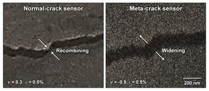 ▲ Figure 2 (Left) Crack edge recombination observed in a normal crack sensor. (Right) Specific crack-widening behavior in a meta-crack sensor.