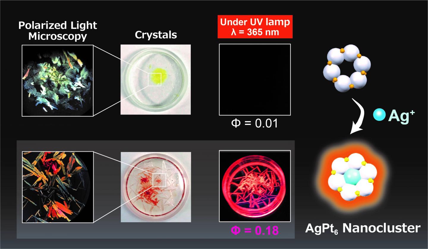 Figure 1. Photoluminescence of the silver doped platinum thiolate complex versus that without sivler doping.