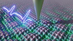 The imaging tip of the time-resolving scanning tunneling microscope captures the collective electron motion in materials through ultrafast terahertz pulses.