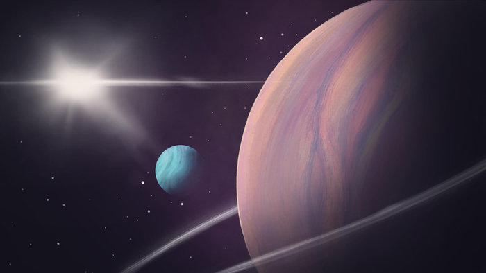Illustration of an exomoon circleing a gas giant planet