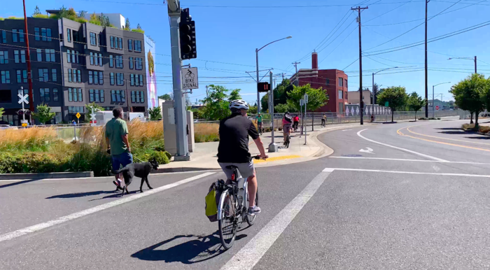 Cyclist and pedestrian in Portland, Oregon