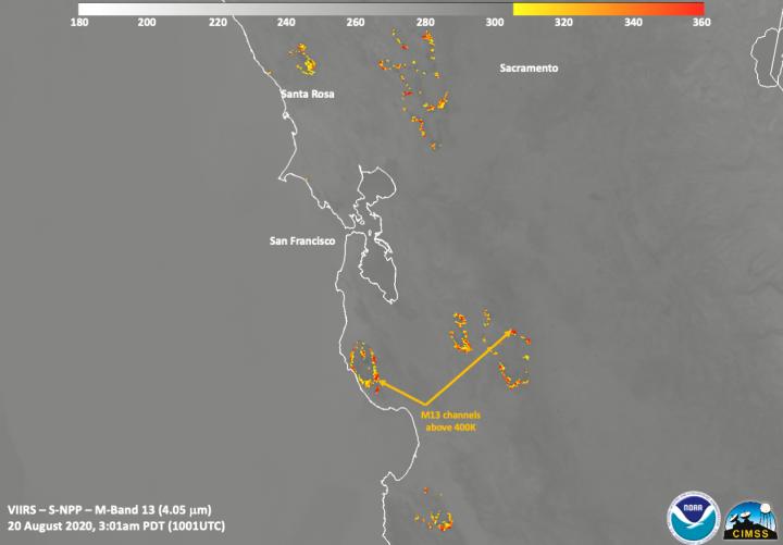 Suomi NPP image showing fire temperatures