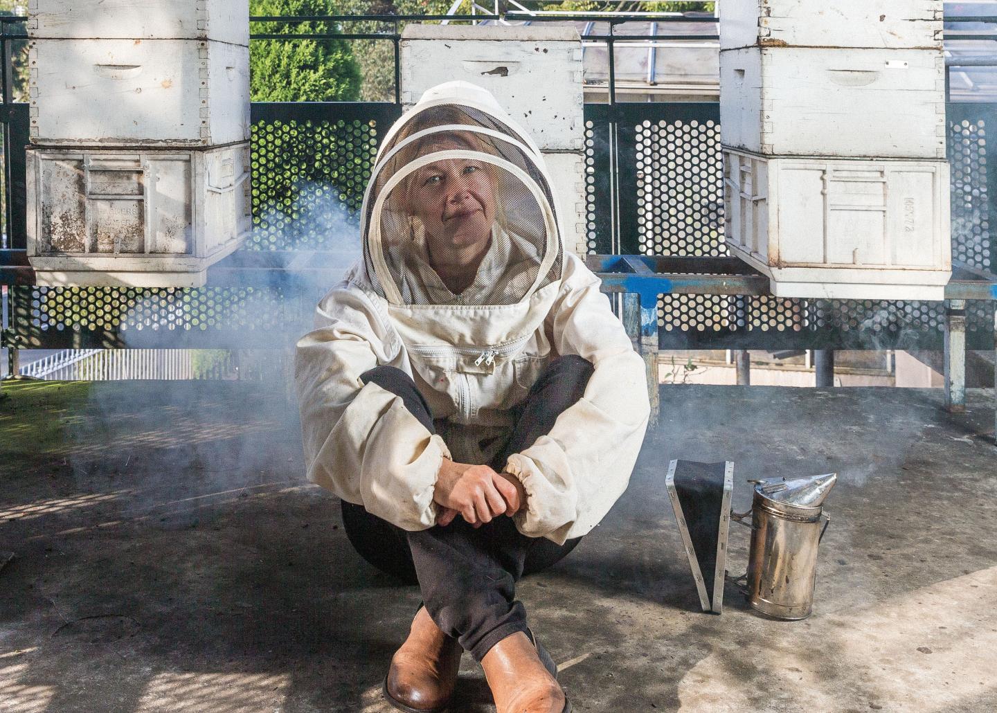 Professor Madeleine Beekman with Beehives