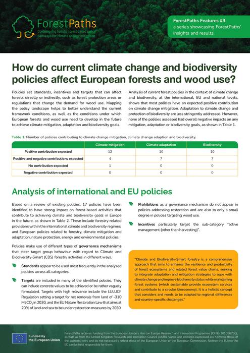 First page of ForestPaths Feature #3: How do current climate change and biodiversity policies affect European forests and wood use?