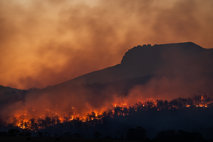 Bushfires below Stacks Bluff, Tasmania, Australia.