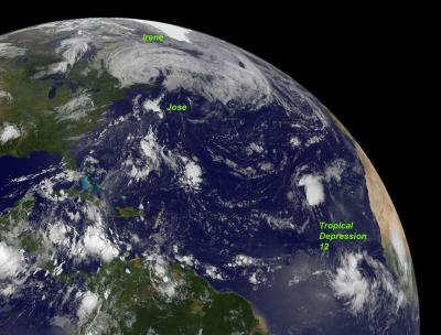 GOES-13 Satellite View of Irene, Jose and TD12