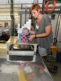 Chiara La Tessa, GSI biophysics, is Adjusting the Simulated Moon Stone Slabs for the Radiation
