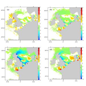 Spatial fields of the changes in the M3 under different SLR scenarios on the European Shelf.